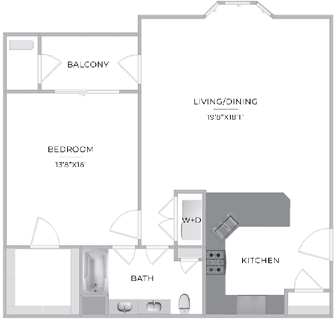 Floor plan for 1 bed, 1 bath, 1008 sqft
