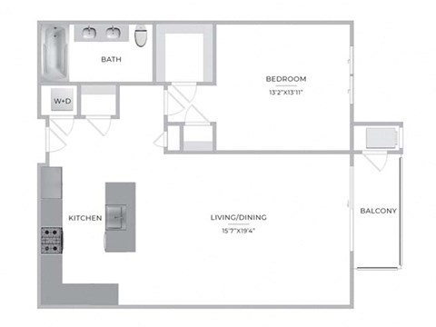 Floor plan for 1 bed, 1 bath, 840 sqft