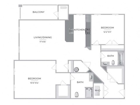Floor plan for 2 beds, 2 baths, 1383 sqft