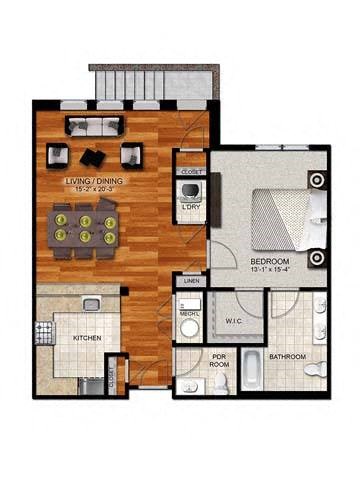 Floor plan for 1 bed, 1.5 baths, 972 sqft