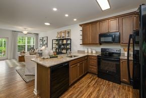 Millsboro apartment for rent - A kitchen with wooden cabinets and black appliances.