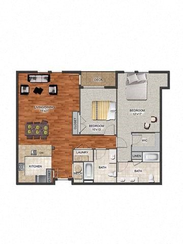 Floor plan for 2 beds, 2 baths, 1302 sqft