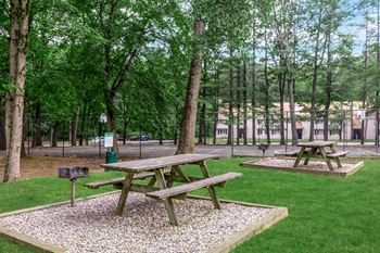 Outdoor picnic area with gravel pads and fencing