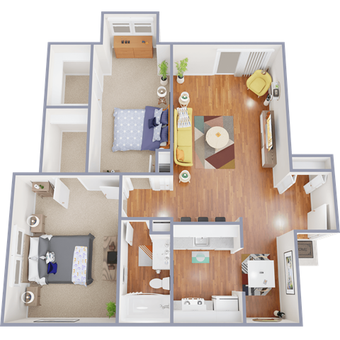 Floor plan for 2 beds, 1 bath, 1000 sqft