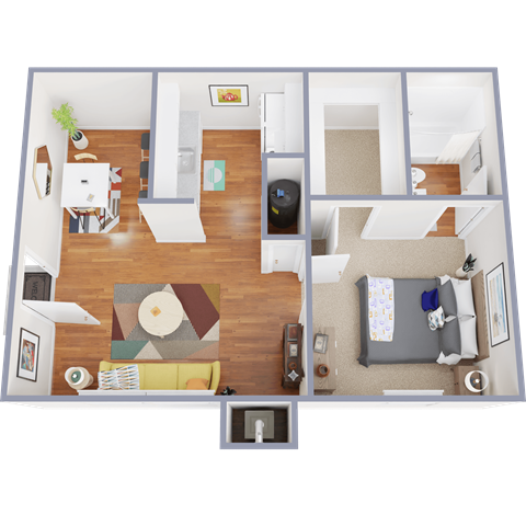 Floor plan for 1 bed, 1 bath, 730 sqft
