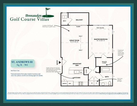 Floor plan for 1 bed, 1 bath, 961 sqft