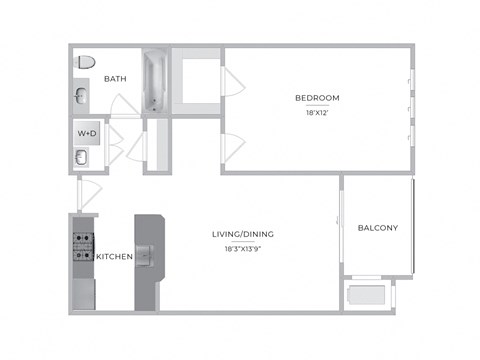 Floor plan for 1 bed, 1 bath, 858 sqft