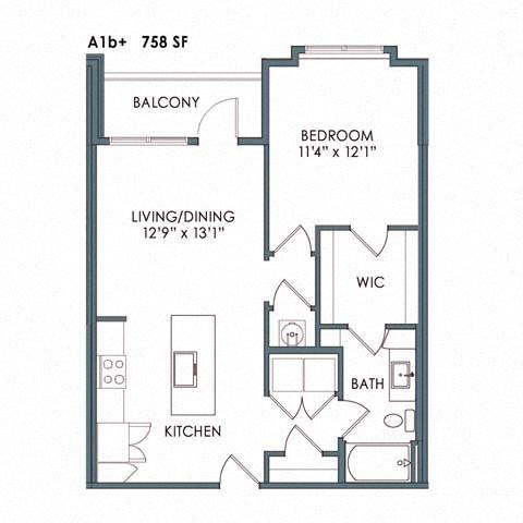 Floor plan for 1 bed, 1 bath, 750 sqft