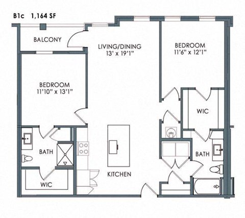 Floor plan for 2 beds, 2 baths, 1218 sqft