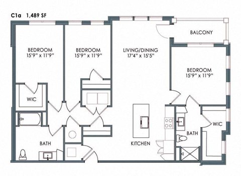 Floor plan for 3 beds, 2 baths, 1497 sqft