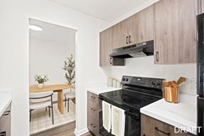 Clifton Park apartment for rent - A kitchen with a black stove top oven and white countertops.
