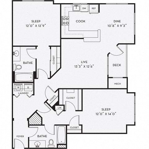 Floor plan for 2 beds, 2 baths, 1208 sqft