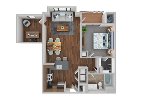 Floor plan for 1 bed, 1 bath, 882 sqft