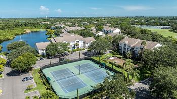 An aerial view of a tennis court