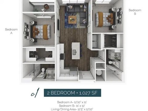 Floor plan for 2 beds, 2 baths, 1183 sqft