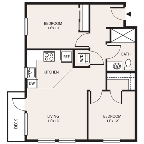 Floor plan for 2 beds, 1 bath, 753 sqft