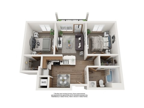 Floor plan for 2 beds, 1 bath, 717 sqft