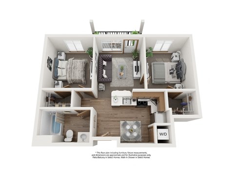 Floor plan for 2 beds, 1 bath, 715 sqft