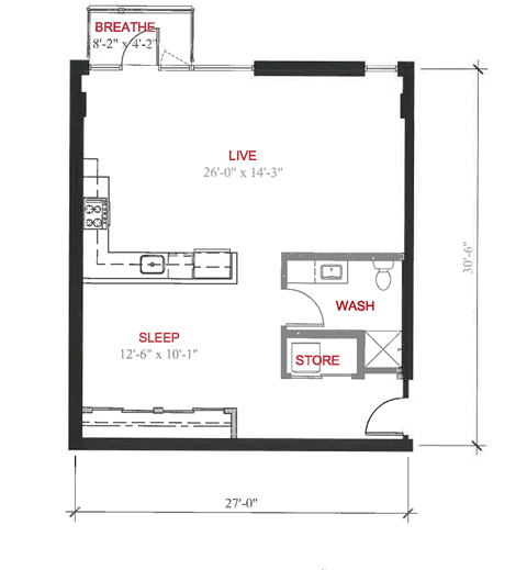 Floor plan for 1 bed, 1 bath, 772 sqft