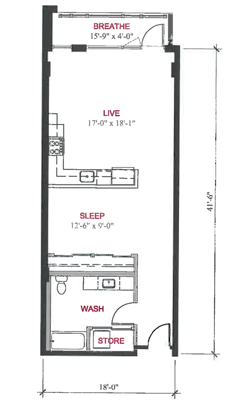Floor plan for 1 bed, 1 bath, 694 sqft