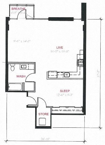 Floor plan for 1 bed, 1 bath, 799 sqft