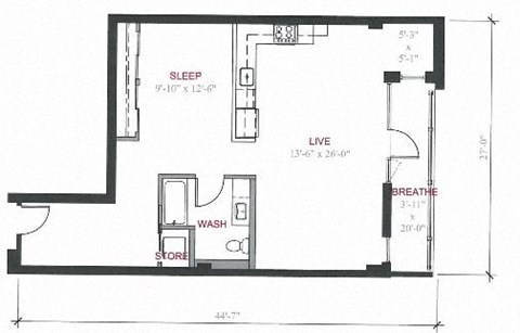 Floor plan for 1 bed, 1 bath, 832 sqft