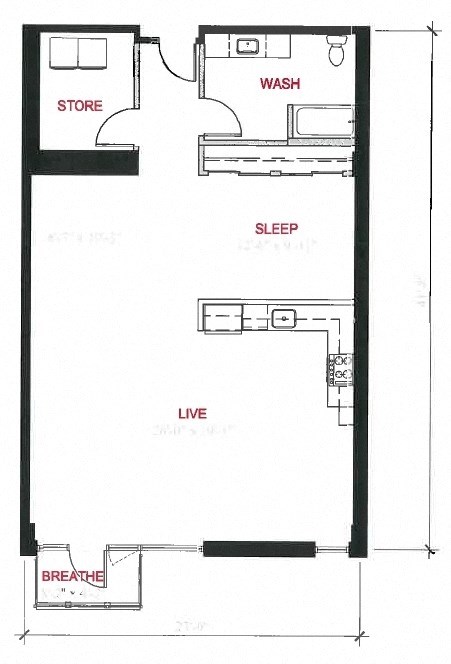 Floor plan for 1 bed, 1 bath, 1043 sqft