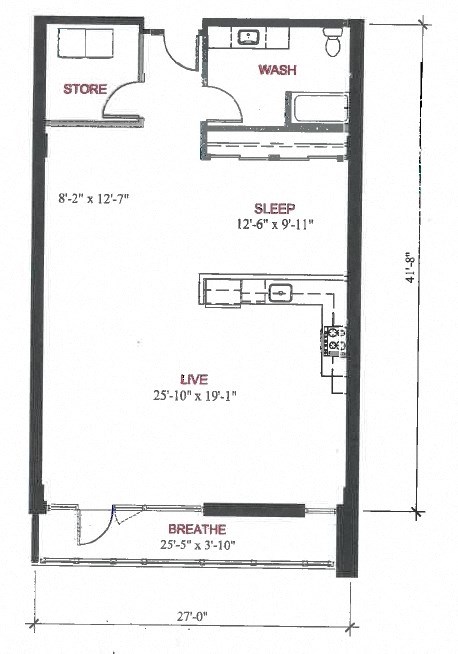 Floor plan for 1 bed, 1 bath, 1058 sqft