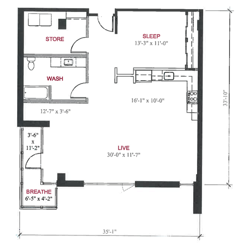 Floor plan for 1 bed, 1 bath, 1074 sqft