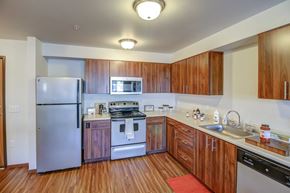 Auburn apartment for rent - a kitchen with stainless steel appliances and wooden cabinets