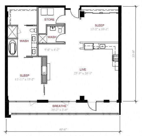 Floor plan for 2 beds, 2 baths, 1307 sqft
