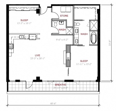 Floor plan for 2 beds, 2 baths, 1308 sqft
