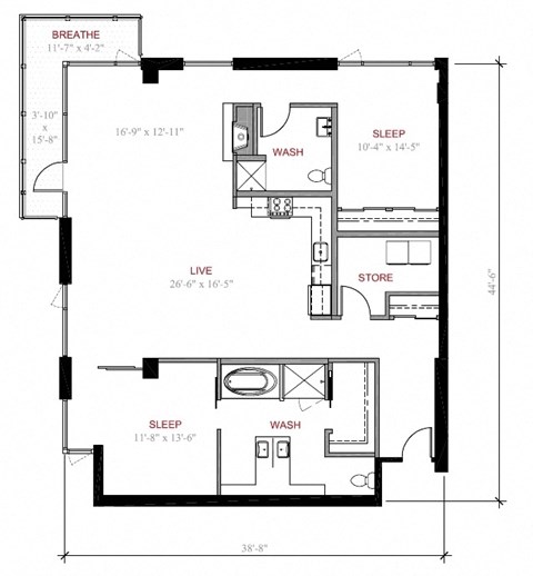 Floor plan for 2 beds, 2 baths, 1609 sqft