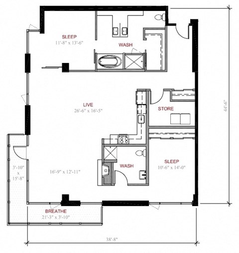 Floor plan for 2 beds, 2 baths, 1617 sqft