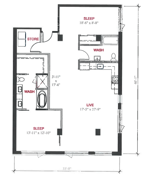 Floor plan for 2 beds, 2 baths, 1358 sqft