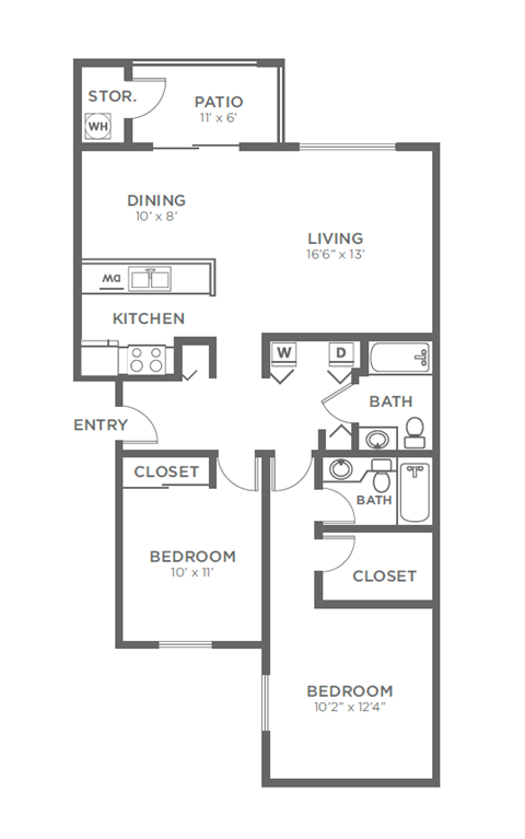 Floor plan for 2 beds, 2 baths, 1008 sqft