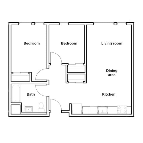 Floor plan for 2 beds, 1 bath, 707 sqft