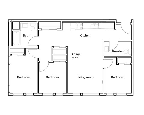Floor plan for 3 beds, 1 bath, 960 sqft