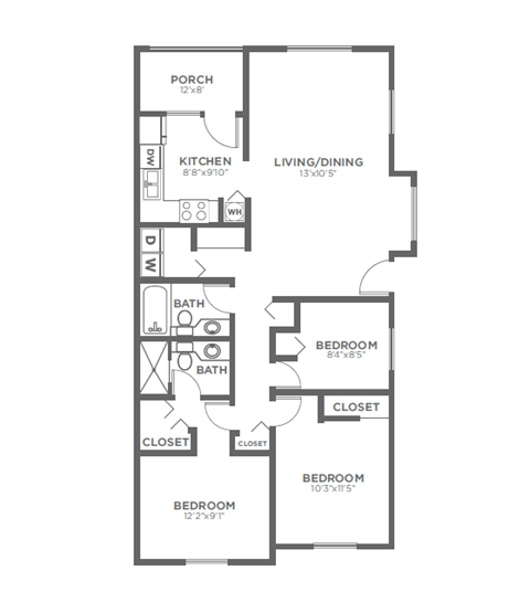 Floor plan for 3 beds, 1.8 baths, 1093 sqft