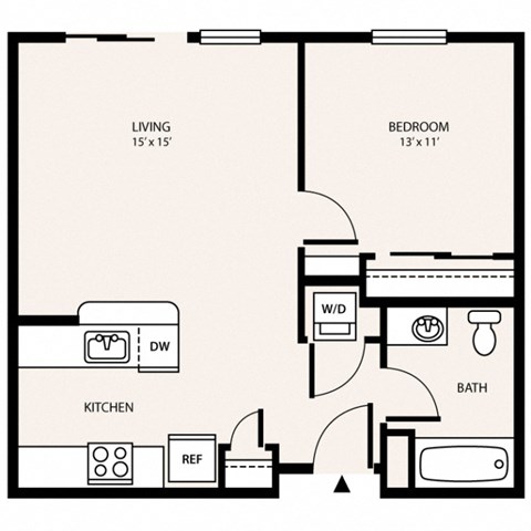 Floor plan for 1 bed, 1 bath, 621 sqft