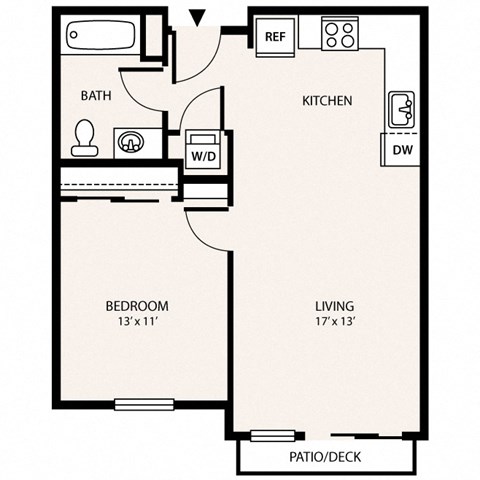 Floor plan for 1 bed, 1 bath, 618 sqft