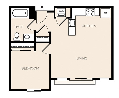 Floor plan for 1 bed, 1 bath, 608 sqft