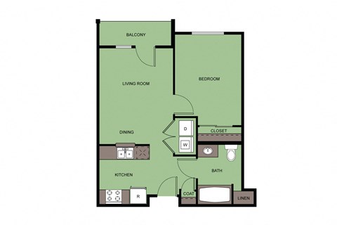 Floor plan for 1 bed, 1 bath, 526 sqft