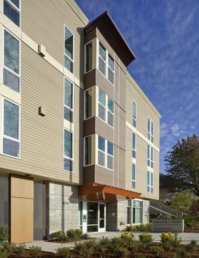 Bellevue apartment for rent - A modern building with a combination of beige and brown panels.