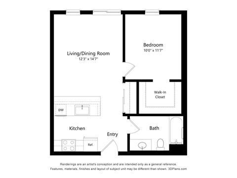 Floor plan for 1 bed, 1 bath, 567 sqft