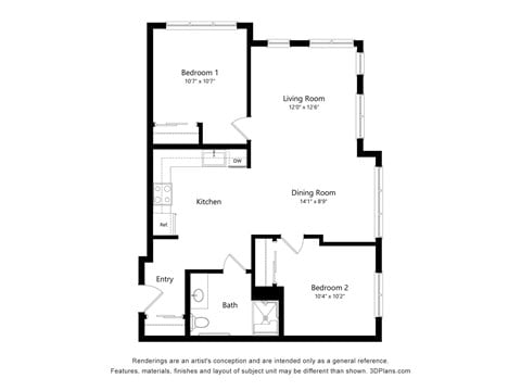 Floor plan for 2 beds, 1 bath, 825 sqft