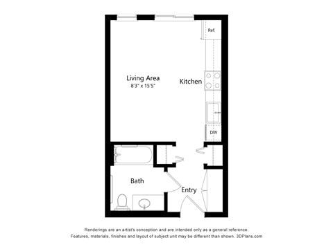 Floor plan for studio, 1 bath, 353 sqft