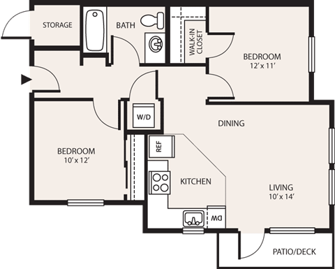 Floor plan for 2 beds, 1 bath, 750 sqft