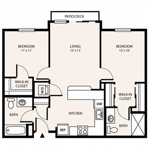 Floor plan for 2 beds, 2 baths, 873 sqft