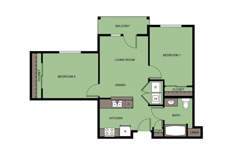 Floor plan for 2 beds, 1 bath, 816 sqft